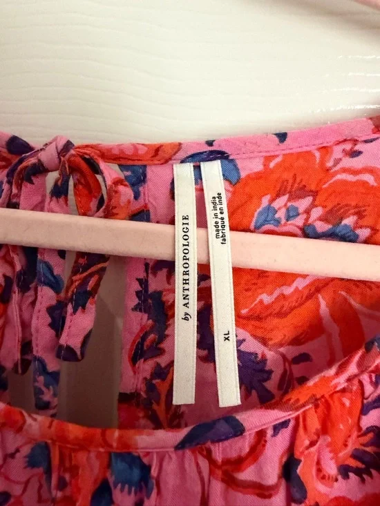 Anthropologie Floral Tiered Mini Dress XL Pink Boho Peasant 3/4 Sleeve - Picture 3 of 5